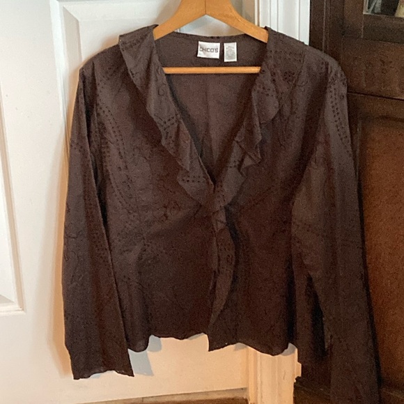 CHICO’S Jackets & Blazers - NWOT CHICO’S sz.2 brown 100% cotton & lining, lg. sleeve embroidered eyelet $39